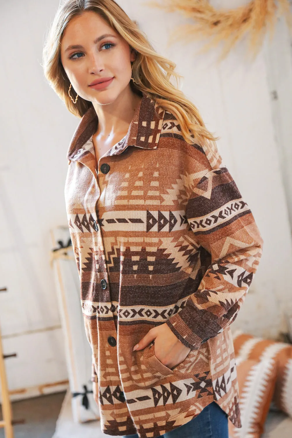 Taupe & Brown Brushed Aztec Oversize Pocketed Shacket