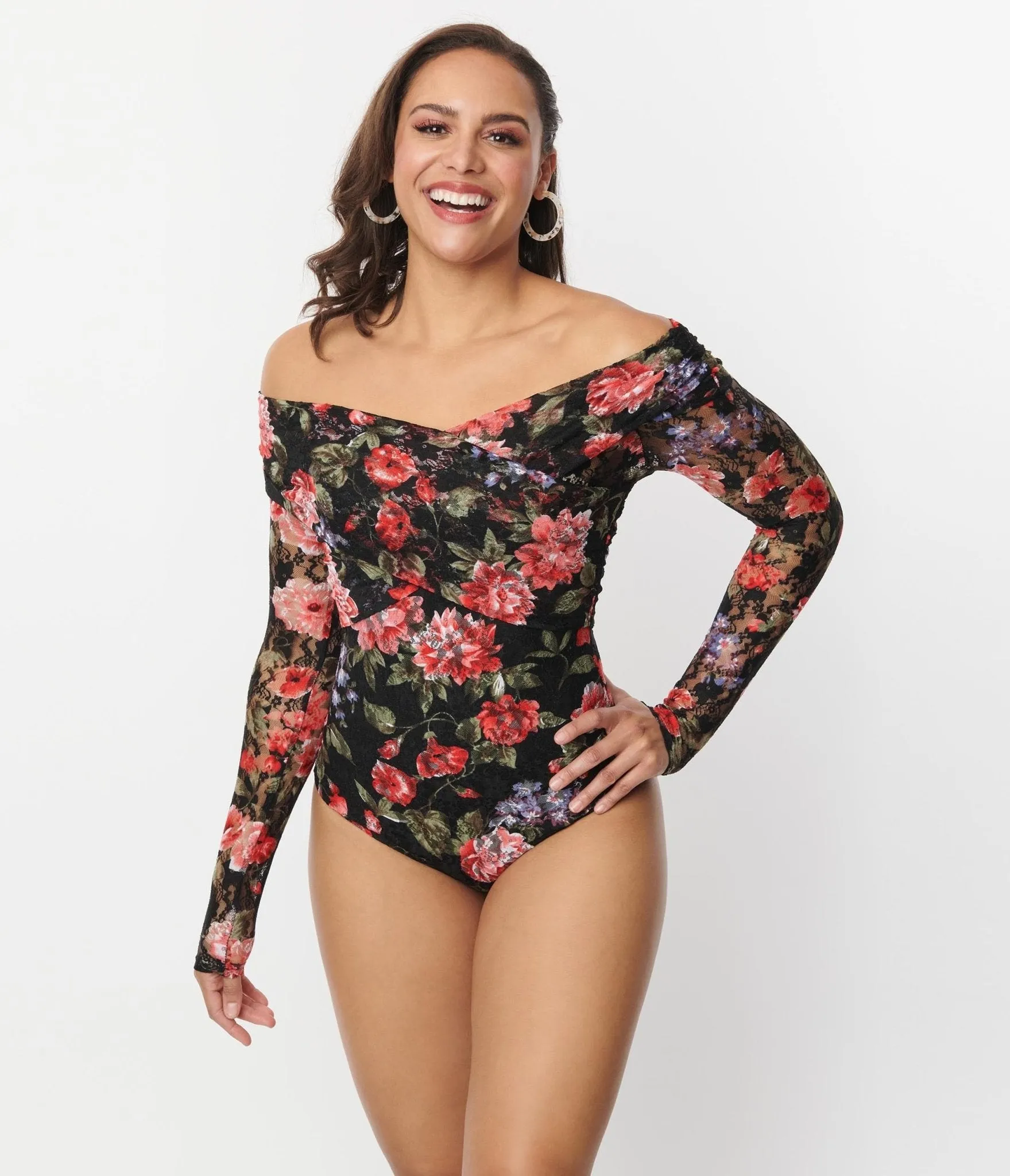 Unique Vintage 1940s Black Floral Lace Saturday Night Bodysuit