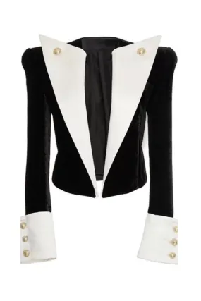 VOGUE GOLD BUTTON BLACK WHITE VELVET BLAZER