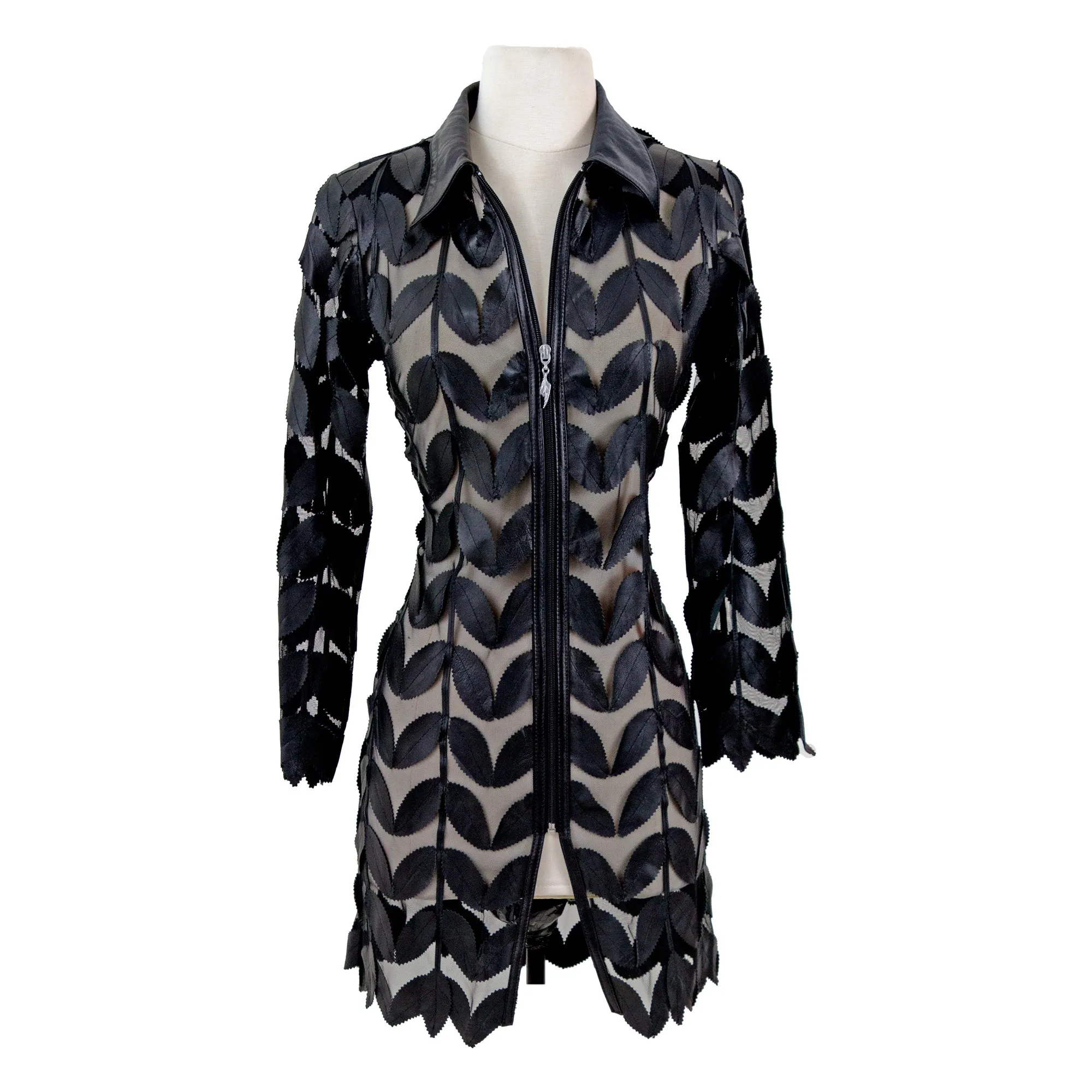 Wide Collar Leaf Pattern Leather Tunic Jacket