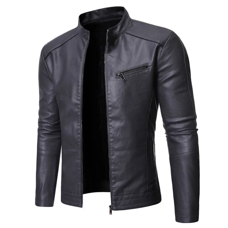 Winter Men's Motorcycle Leather Jacket Stand Collar Leather Coat