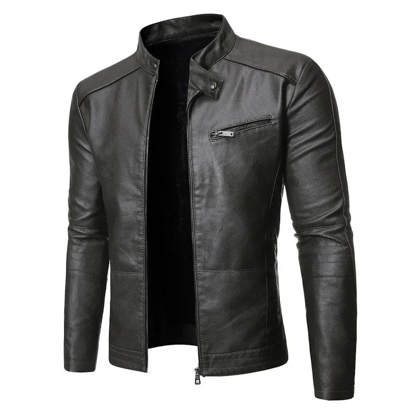 Winter Men's Motorcycle Leather Jacket Stand Collar Leather Coat