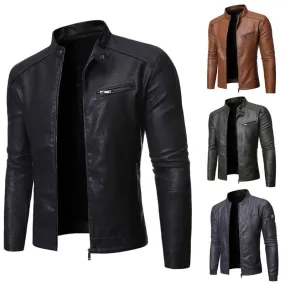 Winter Men's Motorcycle Leather Jacket Stand Collar Leather Coat