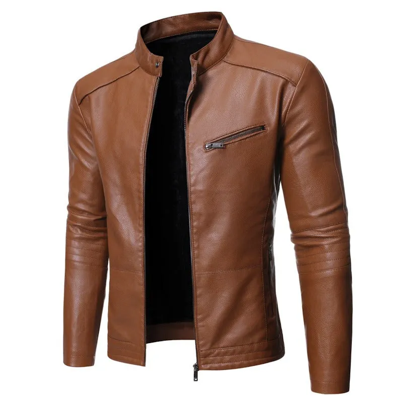 Winter Men's Motorcycle Leather Jacket Stand Collar Leather Coat