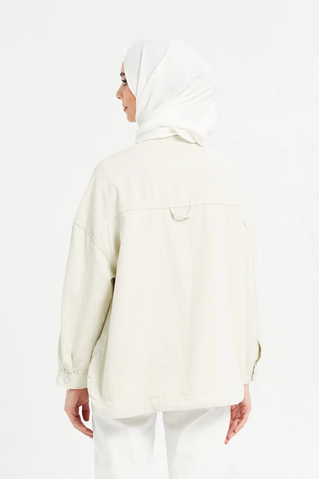 Women Ivory Button Front Pocket Detailed Shacket