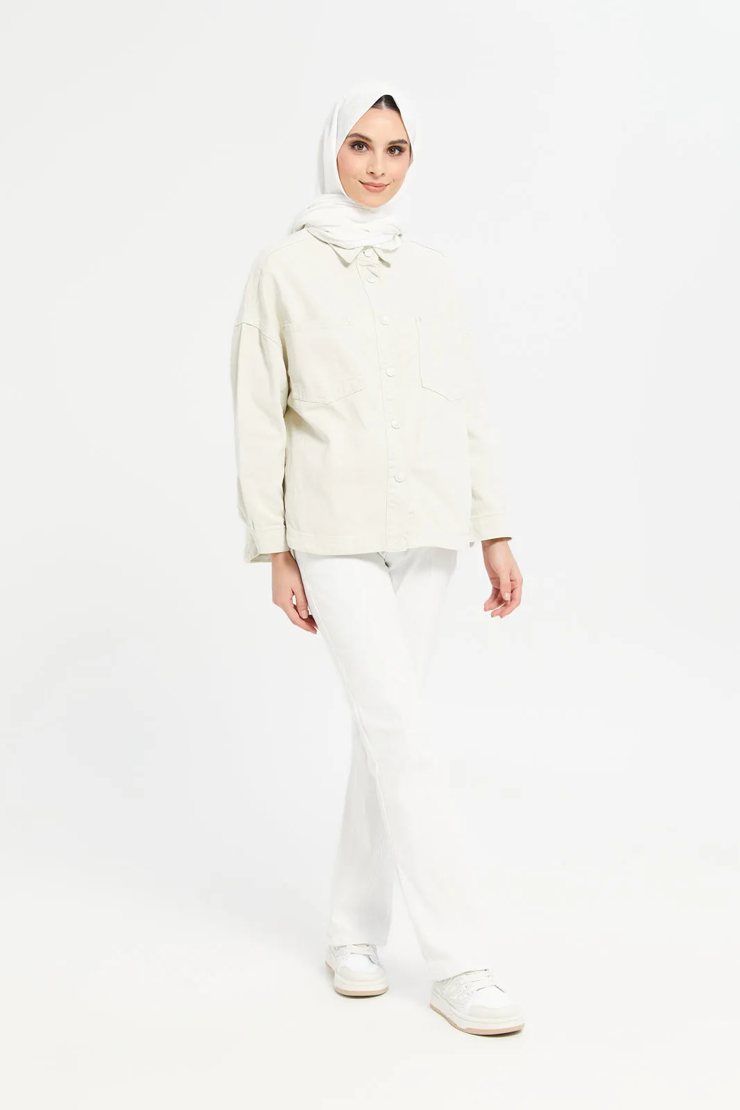 Women Ivory Button Front Pocket Detailed Shacket