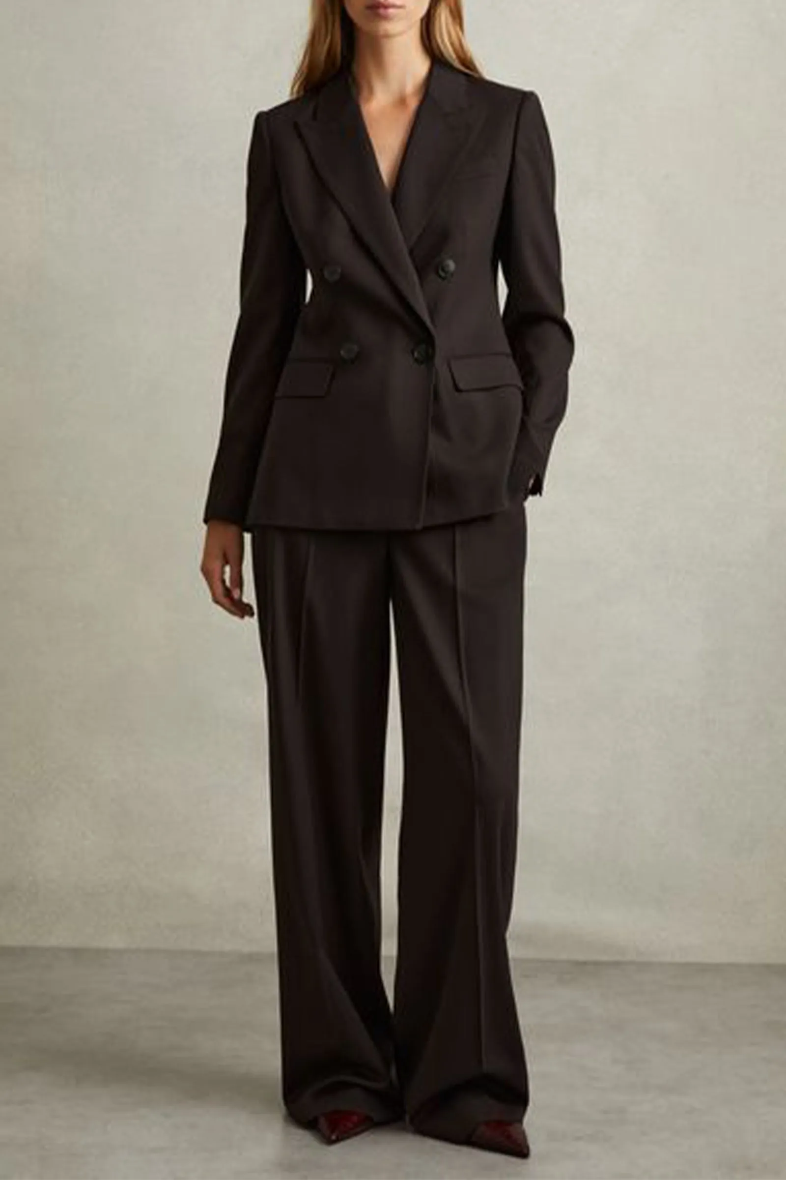 Wool Blend Double Breasted Suit Blazer & Wide Leg Suit Trousers